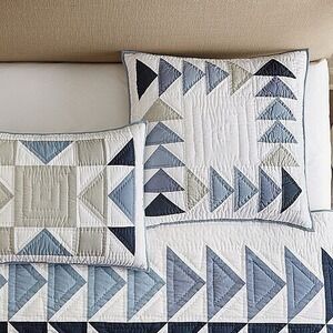 Ballard Design‎ Quilted Euro Sham 26" Square Westport Patchwork Blue White Green